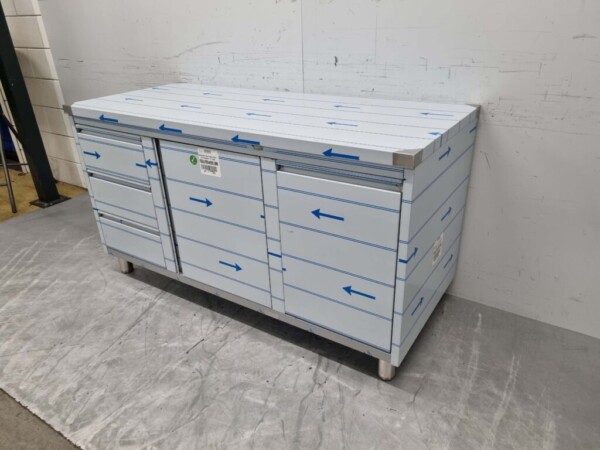Stainless Steel Work Cabinet Cabinet Work Table 2 folding doors, 3 drawers and waste bin 160 cm Catering - Image 3
