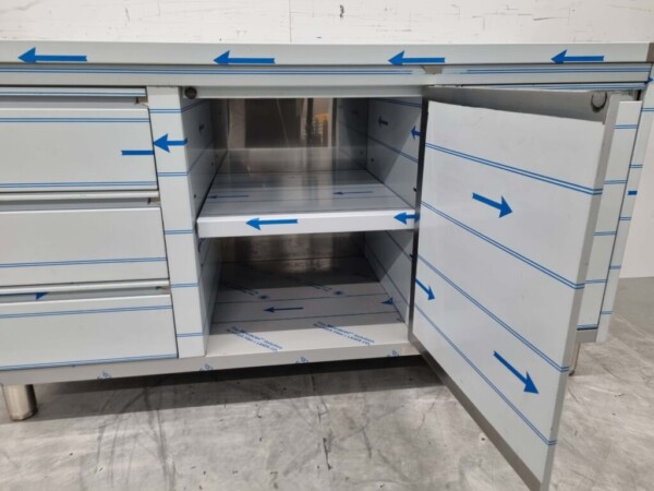 Stainless Steel Work Cabinet Cabinet Work Table 2 folding doors, 3 drawers and waste bin 160 cm Catering - Image 6
