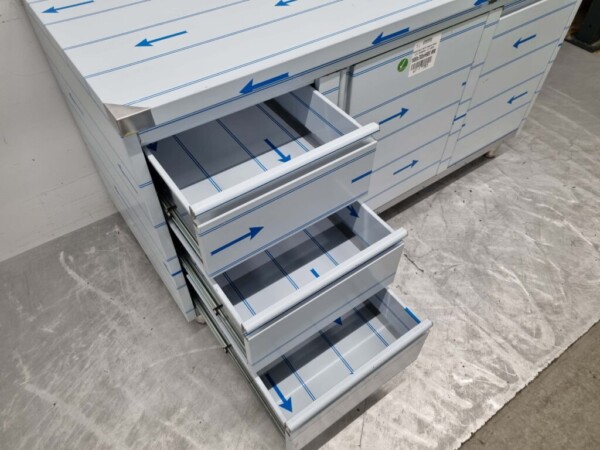 Stainless Steel Work Cabinet Cabinet Work Table 2 folding doors, 3 drawers and waste bin 160 cm Catering - Image 7