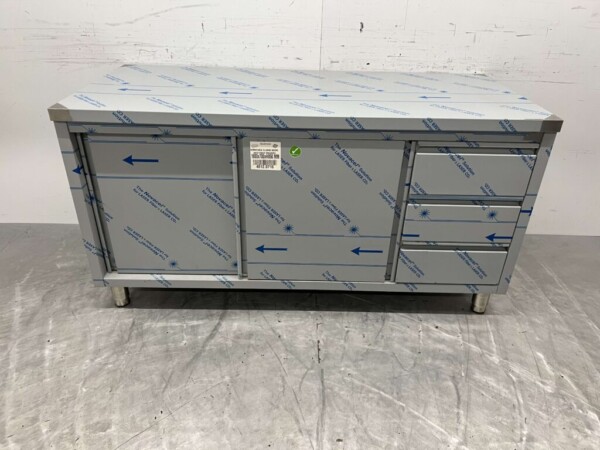 Stainless steel Work Cupboard Worktable 2 sliding doors and 3 drawers 160 cm Catering