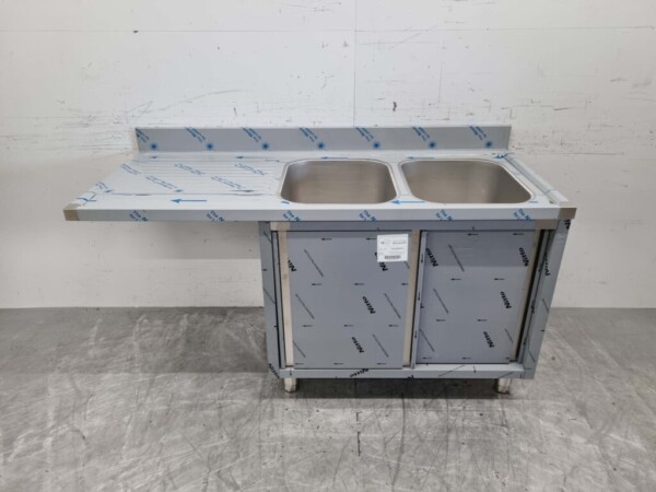 Stainless steel Sink Table double sinks Premium-line 2 sliding doors 160 cm Catering
