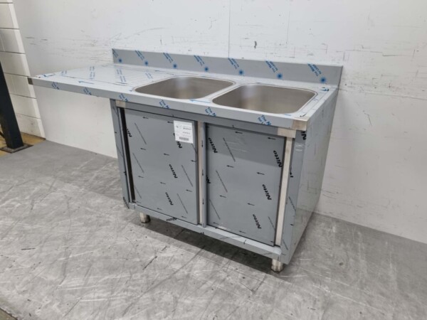 Stainless steel Sink Table double sinks Premium-line 2 sliding doors 160 cm Catering - Image 2