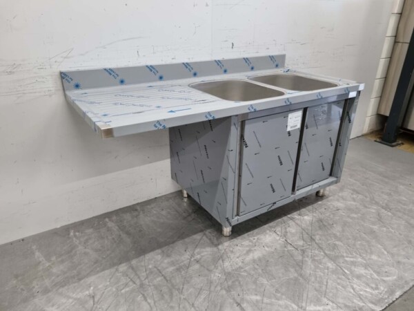 Stainless steel Sink Table double sinks Premium-line 2 sliding doors 160 cm Catering - Image 3