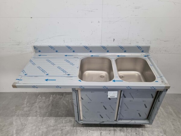 Stainless steel Sink Table double sinks Premium-line 2 sliding doors 160 cm Catering - Image 4