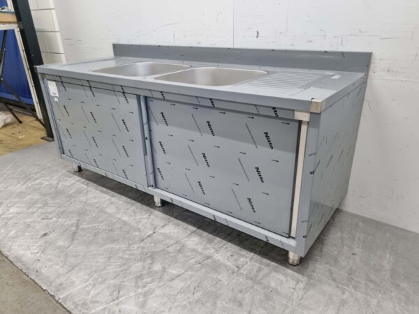 Stainless steel Sink Table double sinks Premium-line 2 sliding doors 200 cm Catering - Image 2