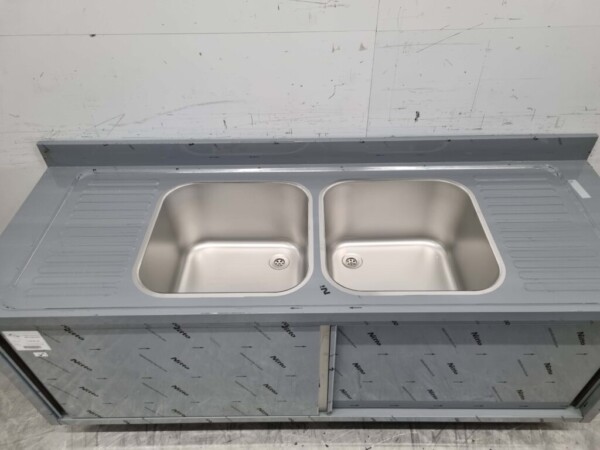 Stainless steel Sink Table double sinks Premium-line 2 sliding doors 200 cm Catering - Image 4
