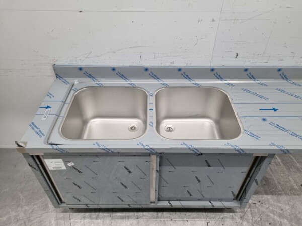 Stainless steel sink double sinks 2 sliding doors Premium-line 200 cm Catering - Image 4