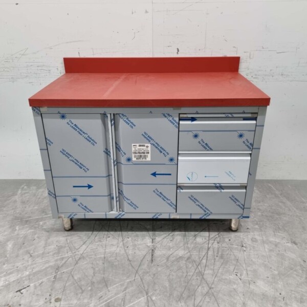 Stainless steel cutting table with folding doors and drawers