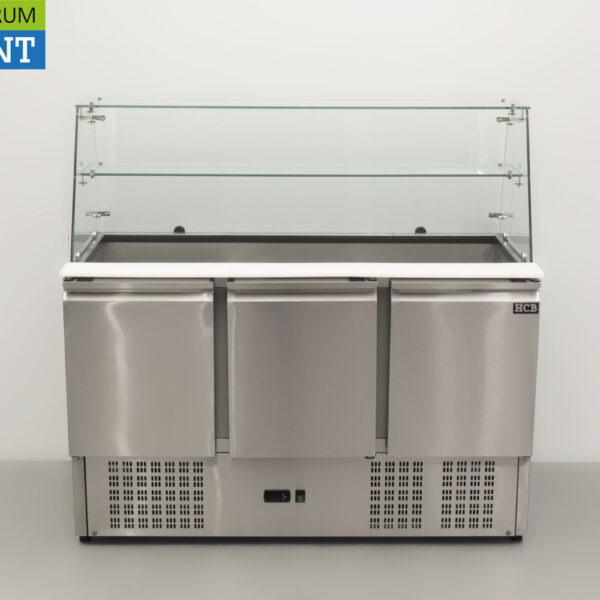 HCB stainless steel Saladette Refrigerated Workbench 3 doors 1/1 GN with glass top 137 cm 230V Horeca