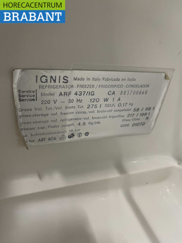Ignis Refrigeration Refrigerator Freezer Combination Freezer 275 liters 230V Horeca - Image 5
