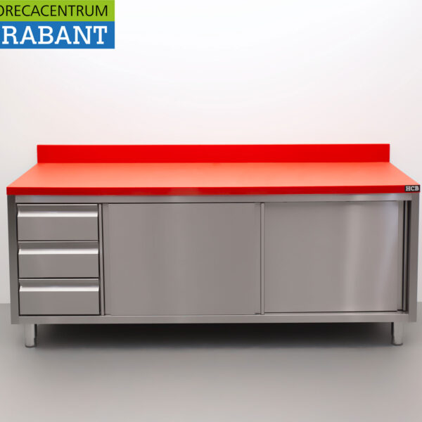 HCB Stainless Steel Polyethylene PE Work Cabinet Cabinet Cutting Table Premium-line 2 sliding doors 3 drawers 200 cm Catering Butchery