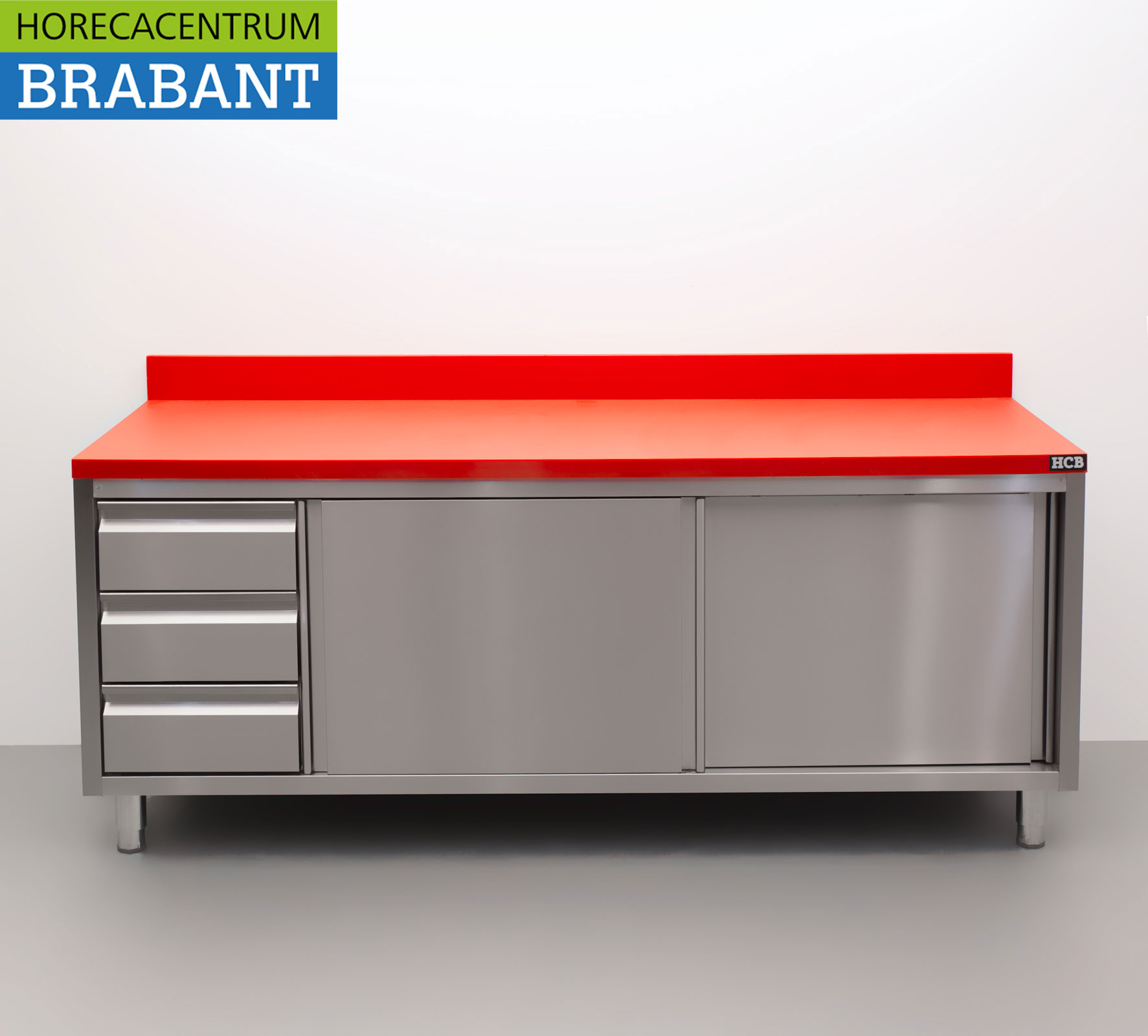HCB Stainless Steel Polyethylene PE Work Cabinet Cabinet Cutting Table Premium-line 2 sliding doors 3 drawers 200 cm Catering Butchery