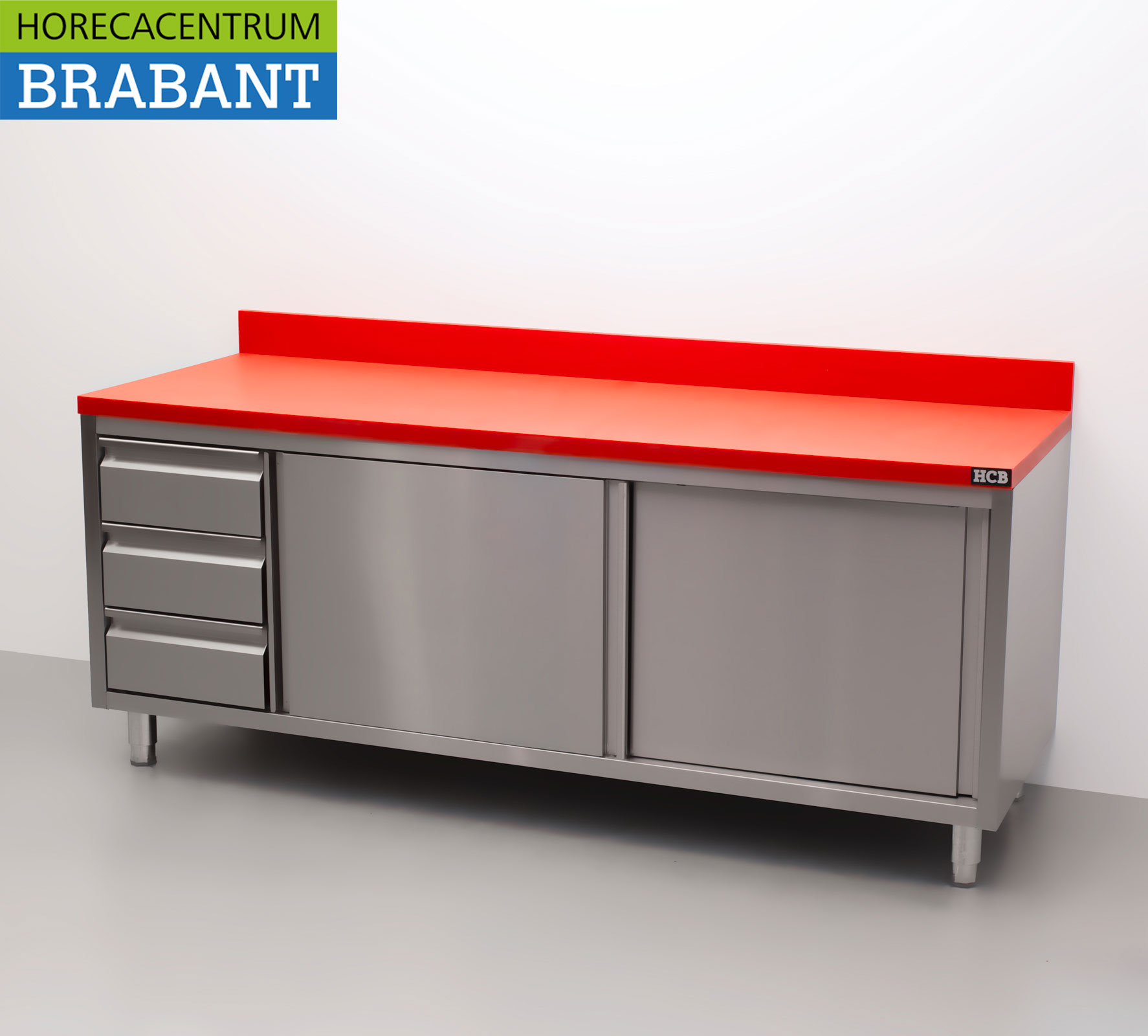 HCB Stainless Steel Polyethylene PE Work Cabinet Cabinet Cutting Table Premium-line 2 sliding doors 3 drawers 200 cm Catering Butchery - Image 2