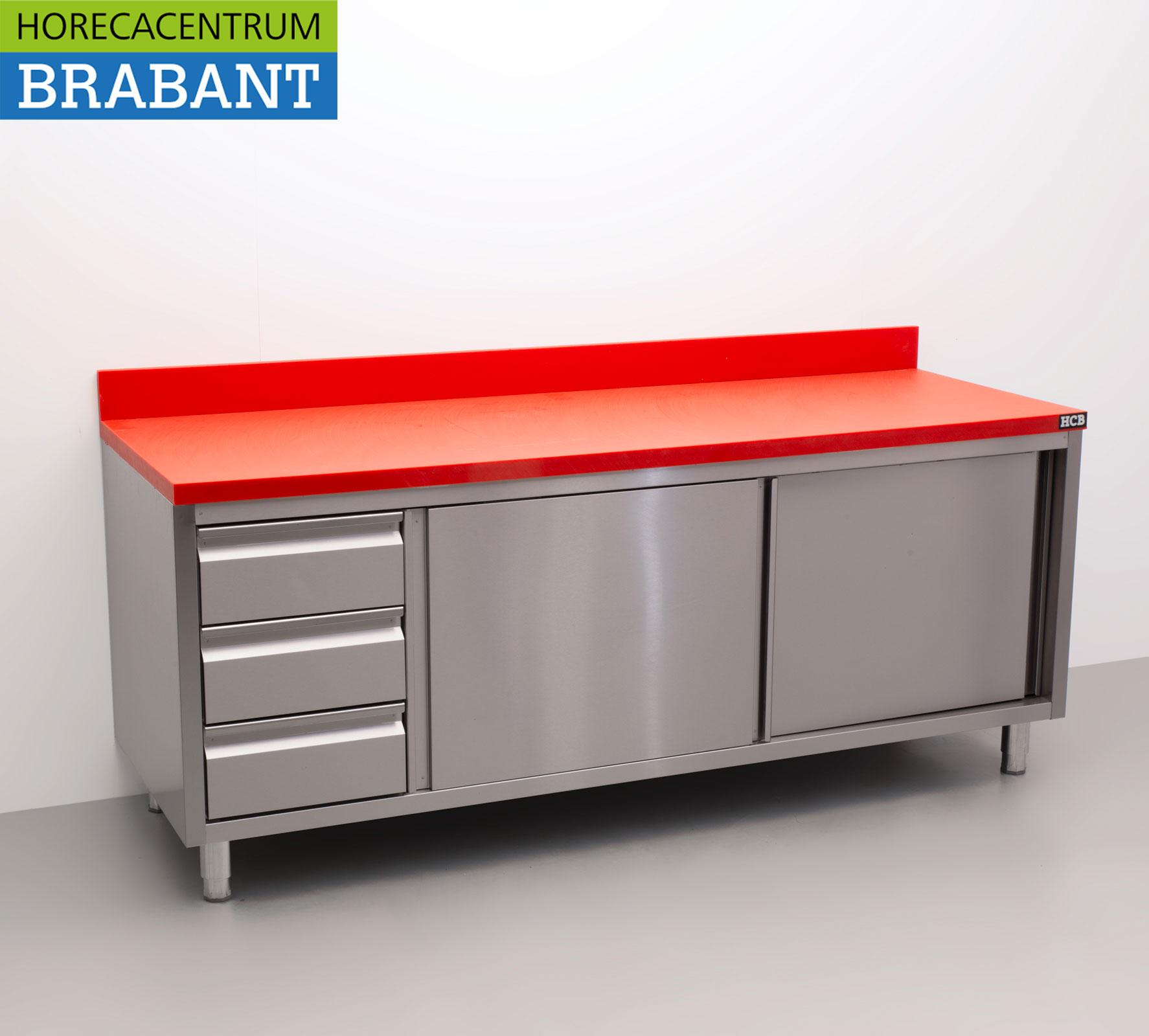 HCB Stainless Steel Polyethylene PE Work Cabinet Cabinet Cutting Table Premium-line 2 sliding doors 3 drawers 200 cm Catering Butchery - Image 3
