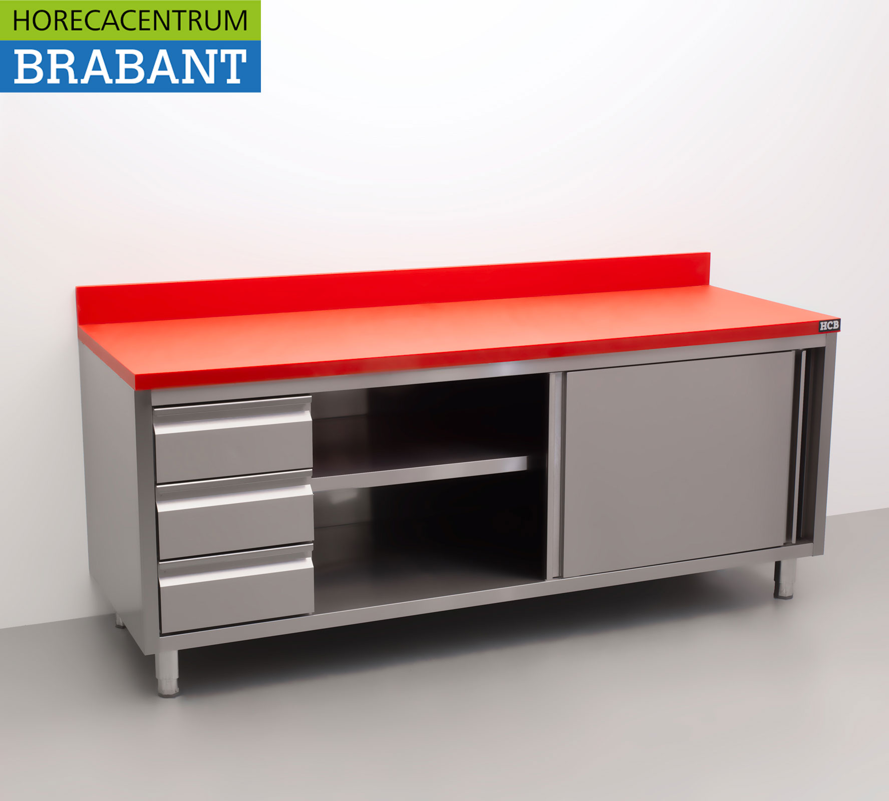 HCB Stainless Steel Polyethylene PE Work Cabinet Cabinet Cutting Table Premium-line 2 sliding doors 3 drawers 200 cm Catering Butchery - Image 4