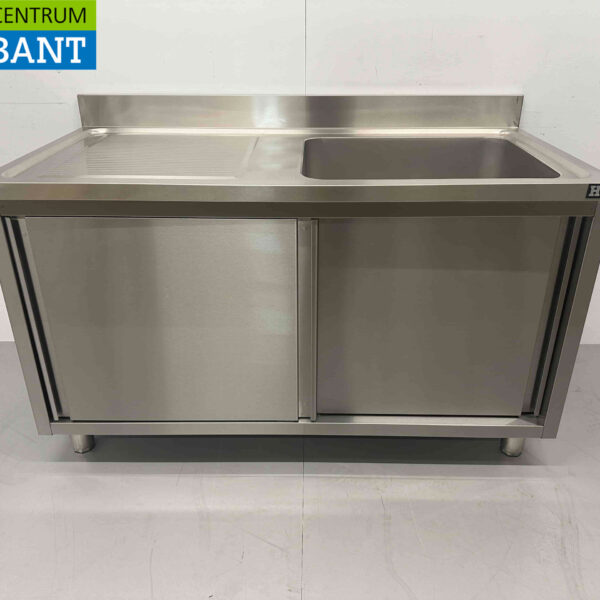 HCB Stainless Steel Sink Table Sink 2 Sliding Doors Premium-line 140 cm Horeca
