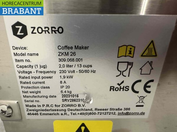 Stainless steel Zorro ZKM26 Coffee machine Coffee machine with thermos jug 230V Horeca - Image 4