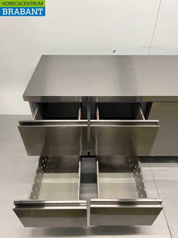 Stainless steel Coreco Premium refrigerated workbench 4 drawers and 2 doors 1/1 gastronorm 224.5 cm Horeca - Image 4
