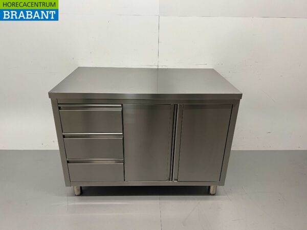 Stainless steel Work Cupboard Worktable 2 folding doors and 3 drawers 120 cm Hospitality