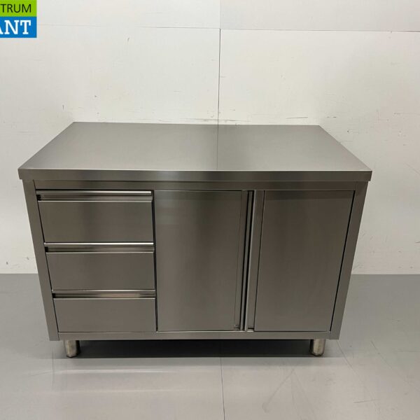 HCB stainless steel Work Cupboard Cabinet Work Table 2 folding doors and 3 drawers 120 cm Premium-line Horeca