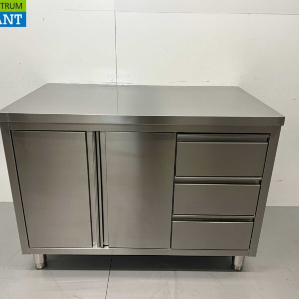 HCB stainless steel Work Cupboard Cabinet Work Table 2 folding doors and 3 drawers 120 cm Hospitality
