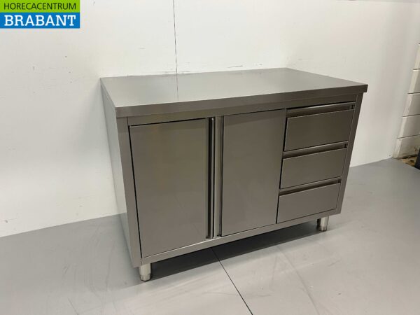 HCB stainless steel Work Cupboard Cabinet Work Table 2 folding doors and 3 drawers 120 cm Hospitality - Image 2