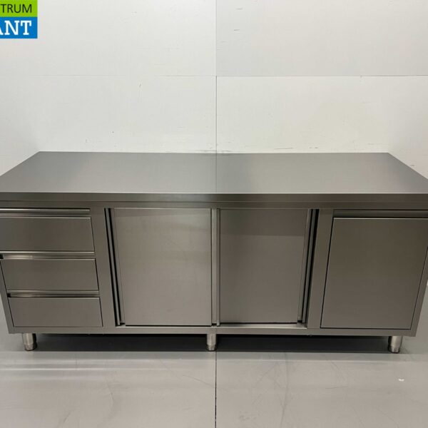 Stainless Steel Work Cupboard Cabinet Work Table 2 sliding doors and 3 drawers and waste bin 200 cm Catering