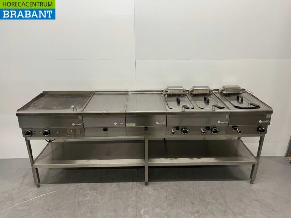 Stainless steel Mareno Baking line Electric griddle and 3 fryers 240 cm 400V Horeca