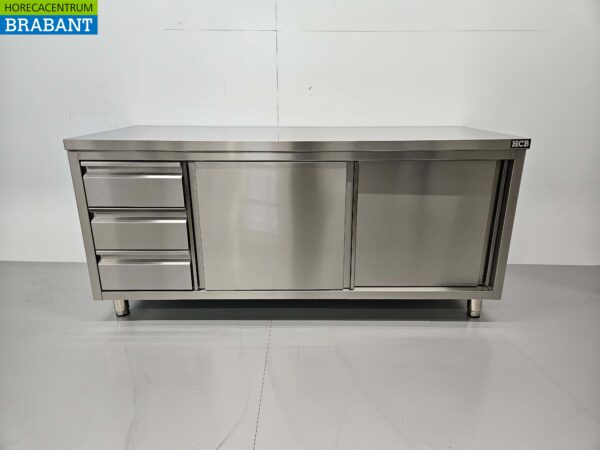 Stainless Steel Work Cupboard Cabinet Work Table Premium-line 2 sliding doors and 3 drawers 180 cm Catering