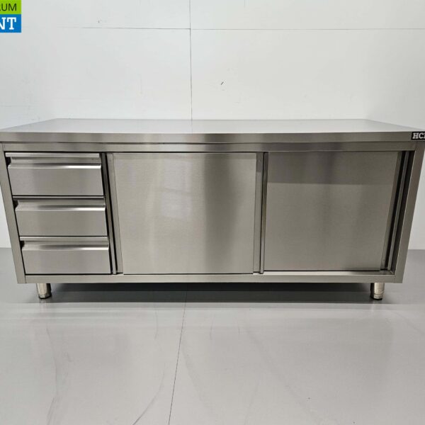 Stainless Steel Work Cupboard Cabinet Work Table Premium-line 2 sliding doors and 3 drawers 180 cm Catering