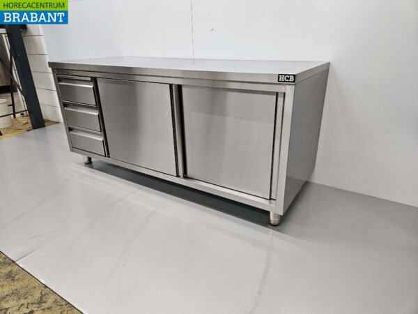 Stainless Steel Work Cupboard Cabinet Work Table Premium-line 2 sliding doors and 3 drawers 180 cm Catering - Image 2