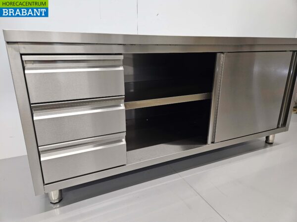 Stainless Steel Work Cupboard Cabinet Work Table Premium-line 2 sliding doors and 3 drawers 180 cm Catering - Image 4