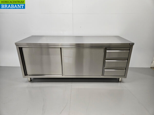 Stainless Steel Work Cabinet Premium-line Cupboard Work Table 2 sliding doors and 3 drawers 200 cm Horeca