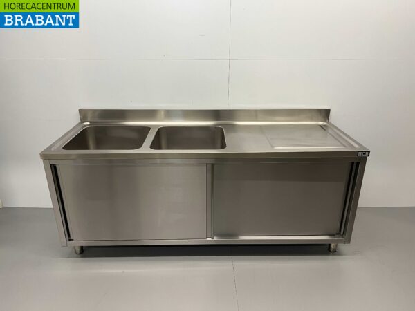 Stainless steel sink double sinks 2 sliding doors Premium-line 200 cm Catering