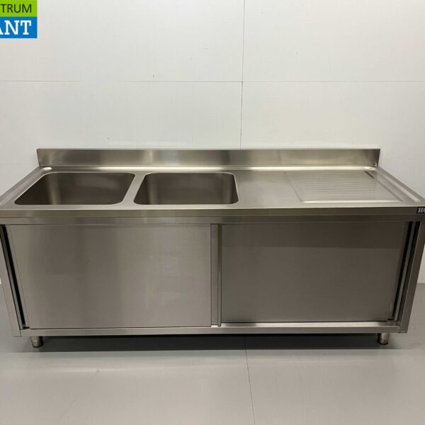 Stainless steel sink double sinks 2 sliding doors Premium-line 200 cm Catering