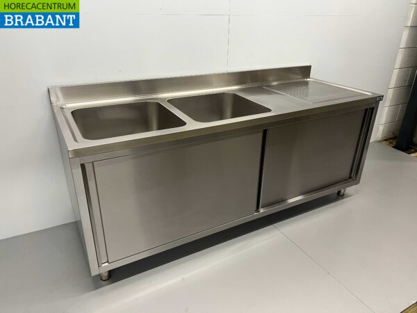 Stainless steel sink double sinks 2 sliding doors Premium-line 200 cm Catering - Image 2