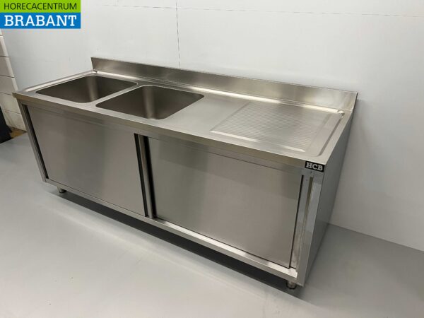 Stainless steel sink double sinks 2 sliding doors Premium-line 200 cm Catering - Image 3