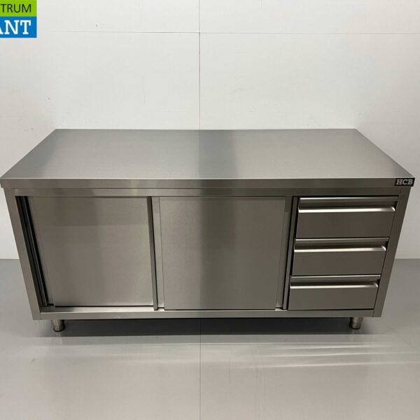 Stainless Steel Work Cabinet Cabinet Work Table Premium-line 2 sliding doors and 3 drawers 160 cm Catering