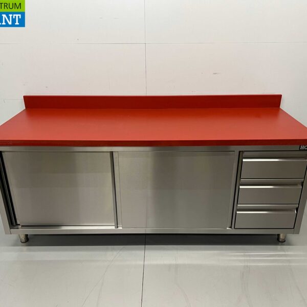Stainless steel Polyethylene PE Work Cabinet Cabinet Cutting Table Premium-line 2 sliding doors 3 drawers 200 cm Catering Butchery