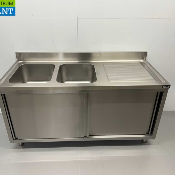 Stainless steel Sink Table Double Sinks 2 sliding doors Premium-line 160 cm Catering