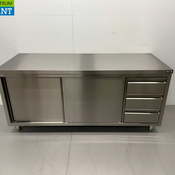 Stainless Steel Work Cupboard Cabinet Work Table Premium-line 2 sliding doors and 3 drawers 180 cm Catering