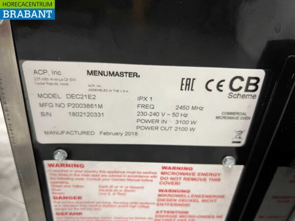 Stainless steel Menumaster DEC21E2 Microwave 2100 watts 230V Horeca - Image 5
