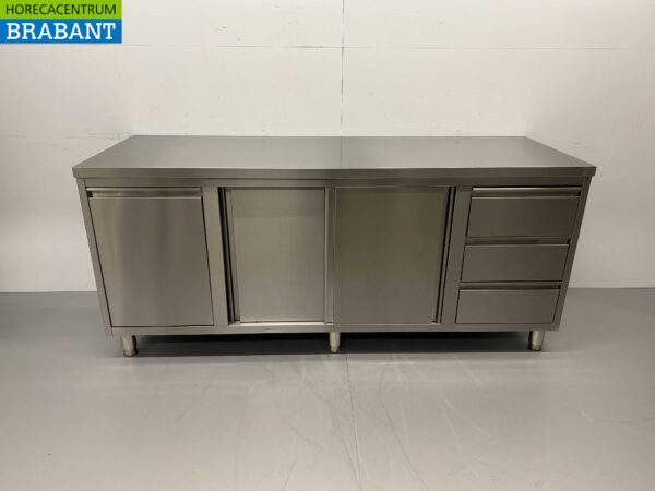 Stainless Steel Work Cupboard Cabinet Work Table 2 sliding doors and 3 drawers and waste bin 200 cm Catering