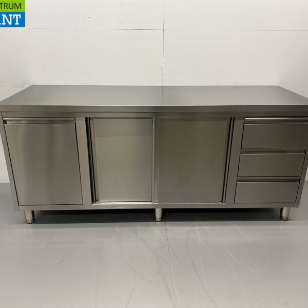 Stainless Steel Work Cupboard Cabinet Work Table 2 sliding doors and 3 drawers and waste bin 200 cm Catering