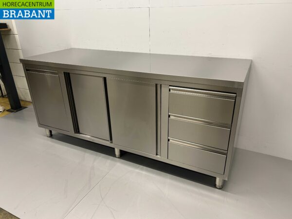 Stainless Steel Work Cupboard Cabinet Work Table 2 sliding doors and 3 drawers and waste bin 200 cm Catering - Image 2