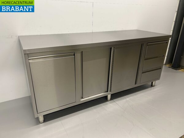 Stainless Steel Work Cupboard Cabinet Work Table 2 sliding doors and 3 drawers and waste bin 200 cm Catering - Image 3