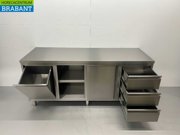 Stainless Steel Work Cupboard Cabinet Work Table 2 sliding doors and 3 drawers and waste bin 200 cm Catering - Image 4