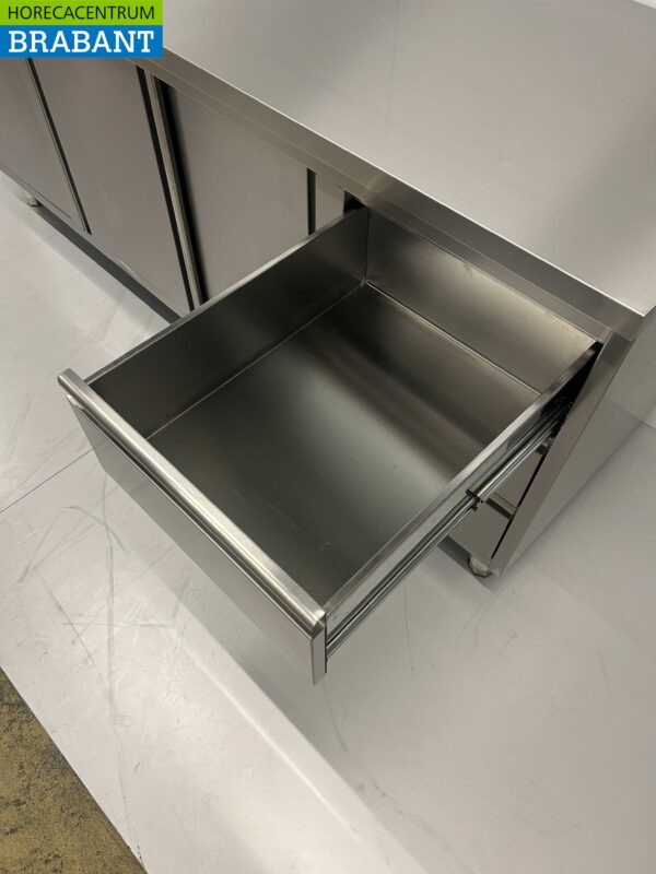 Stainless Steel Work Cupboard Cabinet Work Table 2 sliding doors and 3 drawers and waste bin 200 cm Catering - Image 6