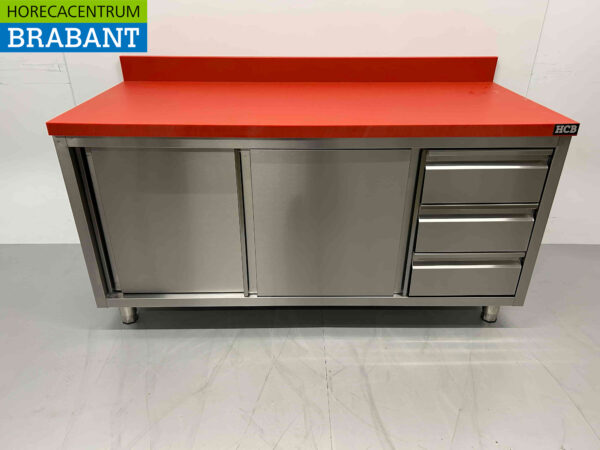 Stainless steel HCB Polyethylene PE Work Cabinet Cabinet Cutting Table 2 sliding doors 3 drawers 160 cm Catering Butchery