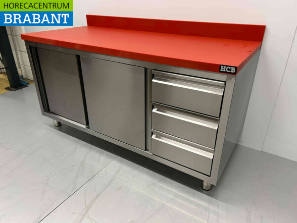 Stainless steel HCB Polyethylene PE Work Cabinet Cabinet Cutting Table 2 sliding doors 3 drawers 160 cm Catering Butchery - Image 2